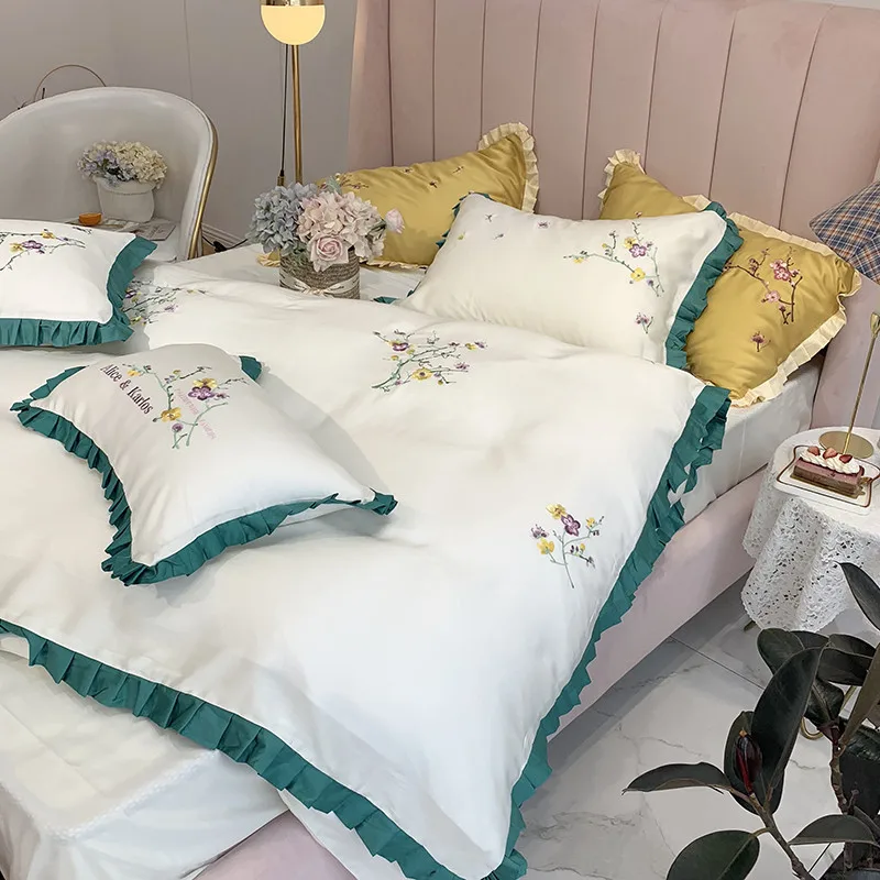 2019 новый продукт 4 шт комплект постельного белья с цветами tencel постельное белье розовый синий постельное белье пододеяльник набор