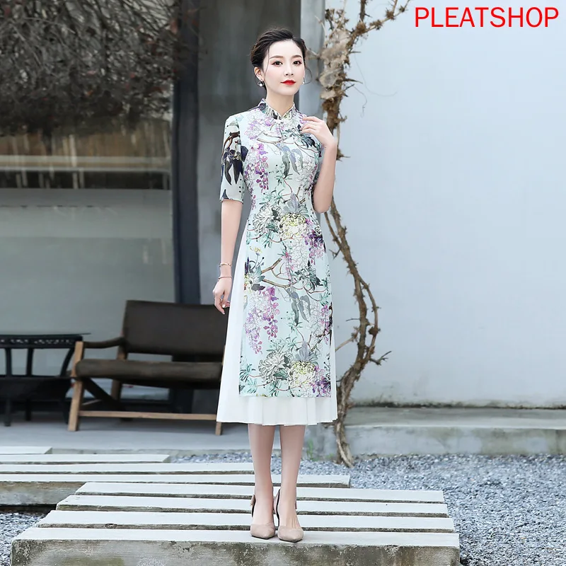 

Summer Slim Fit Breathable Long Viscose Georgette Printed Improved Cheongsam qipao qi pao qi pao dress women clothes vestido