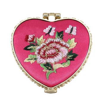 

Heart Shape Embroidered Flowers Mini Pocket Mirror Make Up Cosmetics Rose Red
