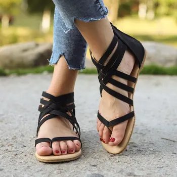 

Summer Fashion Ankle-wrap Cross-tied Sandals Women Flat With Zipper Cover Heel Hollow Out Pumps Elegant Lady Peep Toe Shoes