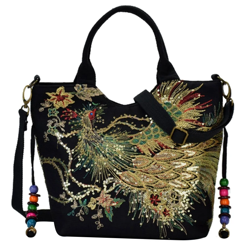 

Shiny Sequins Peacock Embroidered Women Canvas Totes Bag, Summer Shopping Shoulder Bag Vintage Beaded String Handbag Black