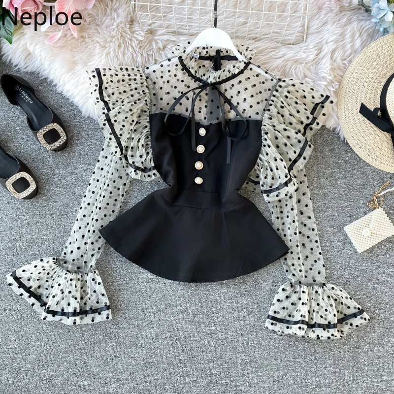 

Neploe Women Shirt Vintage Fake Two Pieces Blouse Polka Dot Gauze Patchwork Tops Ruffle Flare Long Sleeve Elegant Blusas 56814