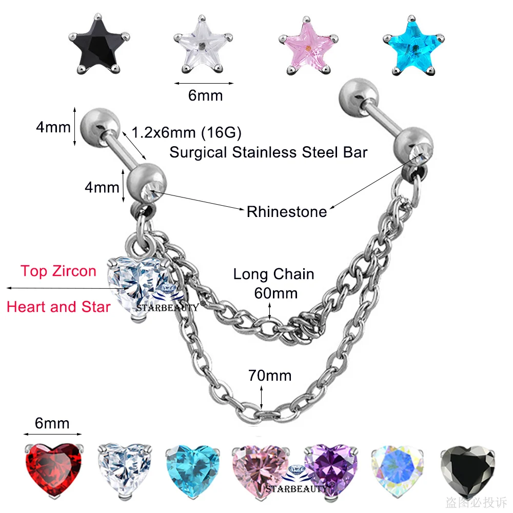 Stainless Steel Tassel Earrings Ear Piercing Dangle Jewelry 1Pc Zircon Heart Tragus Helix Piercing Lobe Stud piercing jewelry,body piercing jewelry,body jewelry,ear piercing jewelry