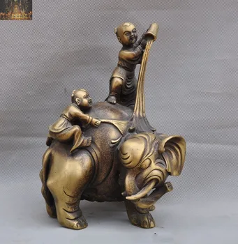 

Christmas 9"old Chinese Bronze Feng Shui Tong Zi Boy ride elephant Lucky Statue sculpture Halloween