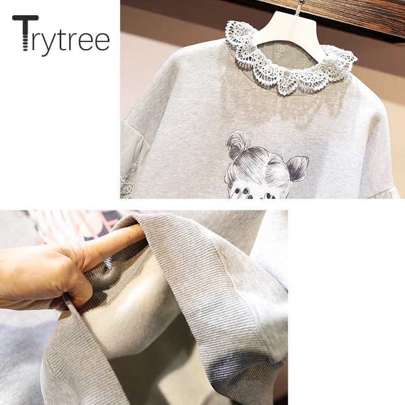 Trytree осенне-зимний женский комплект из двух предметов, толстый хлопок, повседневный кружевной топ с оборками+ штаны на шнурке, эластичный пояс, серый комплект из 2 предметов