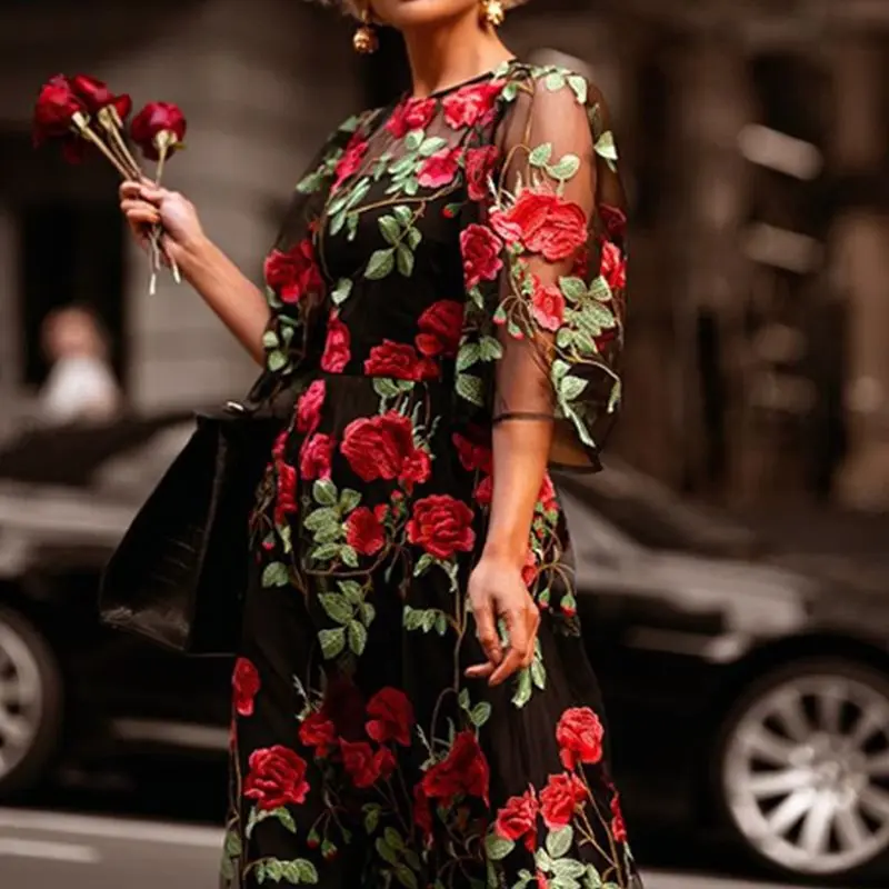 2 шт. кружевное Сетчатое Длинное Платье женское Цветочная вышивка сексуальное прозрачное черное Макси платье для вечеринок Элегантное Бохо осень лето