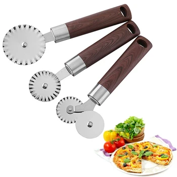 

New Stainless Steel Double Wheel Pizza Cutter Wheel Cut Wood Grain Handle Baking Tool Pizza Roller Kitchen Tools 2020