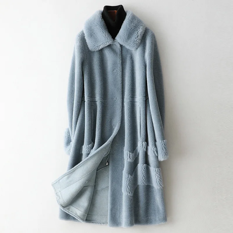 

Fashion Blue Wool Fur Coat Long Solid Fashion Sheep Shearing Coat Winter Luxury Thick Warm Outwear Thick Warm Fur Medium Jackets
