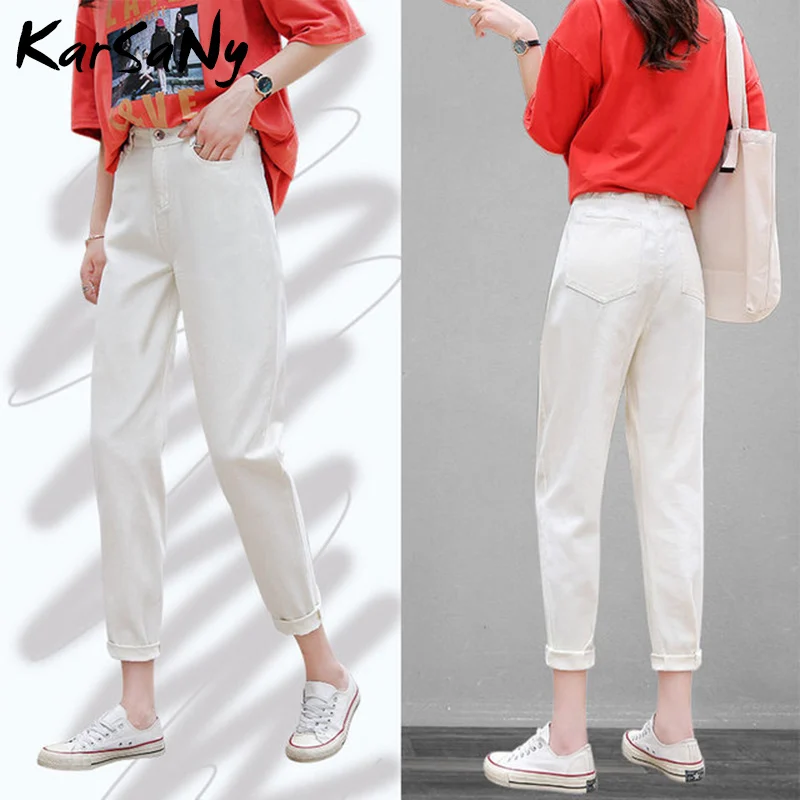 Beige Normal KarSaNy, рваные джинсы бойфренда для женщин, джинсовые штаны, белые женские прямые мешковатые черные джинсы с высокой талией, Осень-зима - Цвет: Beige Normal