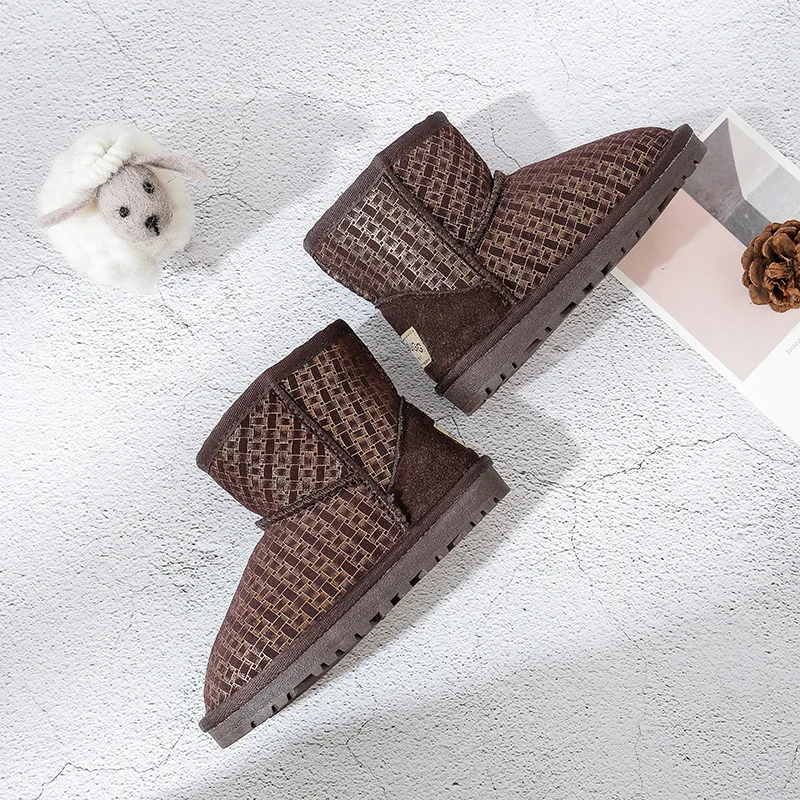 New Winter Children Boots Top Quality Genuine Leather Snow Boots for Girls Student Weave Plaid Kids Shoes Plush Keep Warm C08182