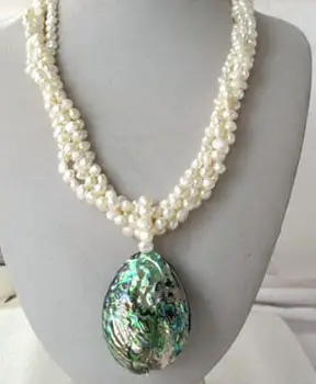 

4 ROW White Nugget Baroque Pearl Necklace Abalone Pendant 18"