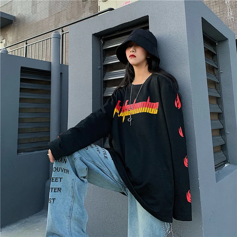 Lychee Harajuku Свободные женские футболки с вырезом лодочкой футболки с принтом пламени и буквами женская футболка Топ Весна Осень Женские футболки топы
