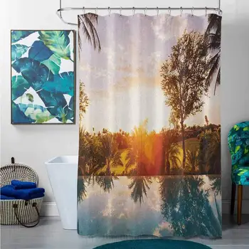 

Shower Curtains Dolphins Hawaiian,Home with Swimming Pool at Sunset Tropics Palms Private Villa Resort Scenic View, Orange