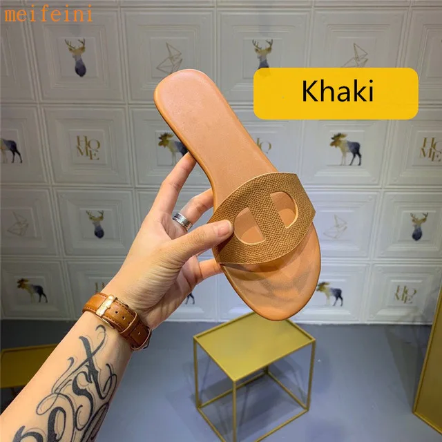 Khaki (heels 1.0cm) Красные Тапочки с сеткой; женские летние шлепанцы со свиным носом; Новинка года; модные сандалии на плоской подошве - Цвет: Khaki (heels 1.0cm)