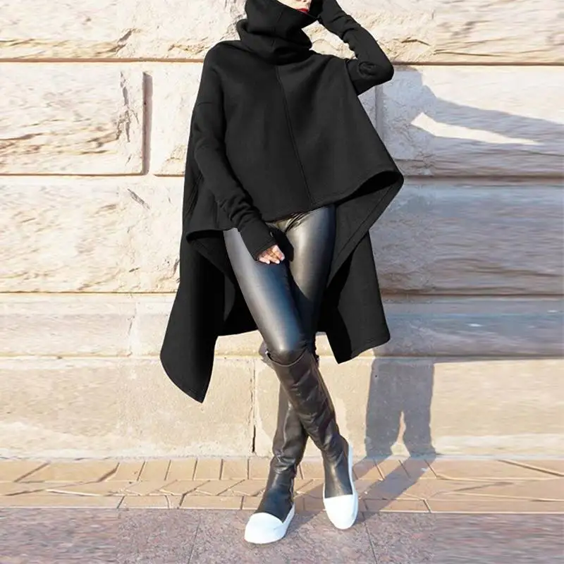 ZANZEA размера плюс женские толстовки осенние толстовки с длинным рукавом Повседневные однотонные пуловеры с высоким воротником Sudaderas неровные с капюшоном 7 - Цвет: Черный