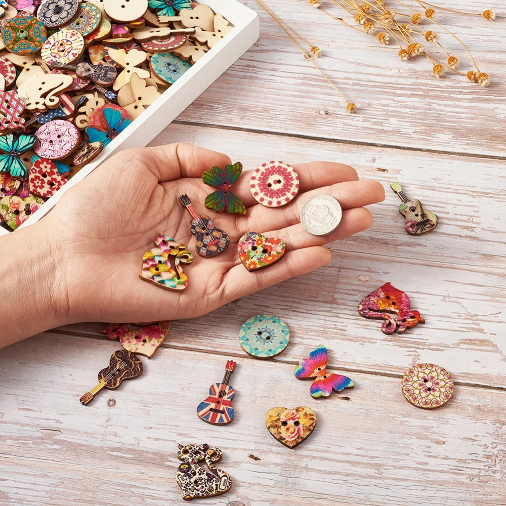 300 шт./компл. 2 отверстия Печатных Деревянные Пуговицы DIY декоративные пуговицы для шитья разнообразные, смешанные Цвет, 20,5x28x3 мм, отверстие: 2 мм