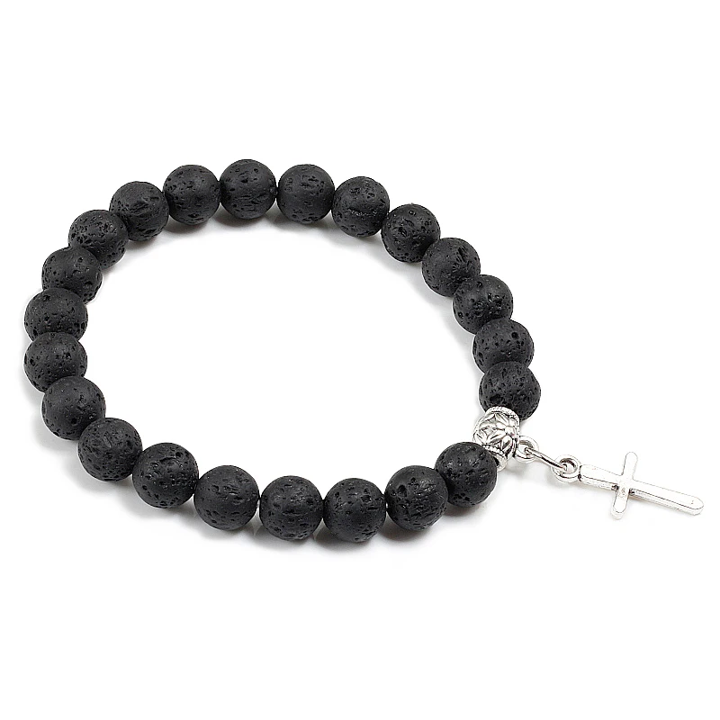 Мужской браслет с подвеской Angel Key Moon Cross из натуральной вулканической лавы