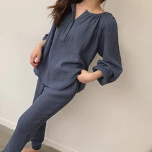 

2021 women red blue pajamas set long sleeve sleepwear contton linen loose sweet drawstring pants sets Breathable spring autumn