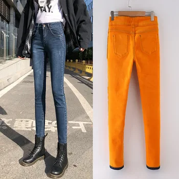 

Nonis Plus Size Gold Thick Warm Velvet 2020 Woman Jeans Spring Winter Mid Waist Jeans Femme Skinny Denim Pencil Pants Slim