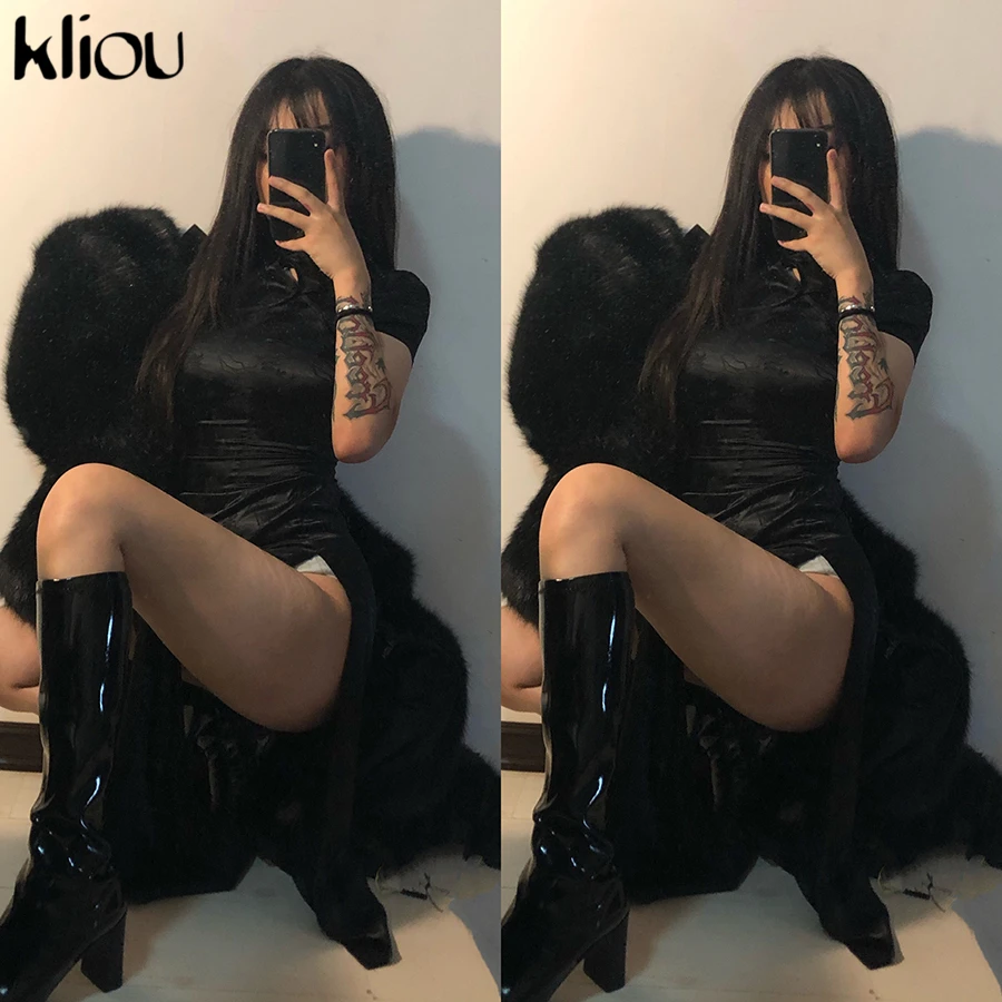 Женское атласное платье Ципао Kliou черное однотонное длинное с принтом в