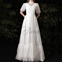 High Neck A-Line Chiffon Wedding Dresses Simple Lace Half Sleeve Pleat Classic Vintage Bridal Gown robe de mariée vestidos