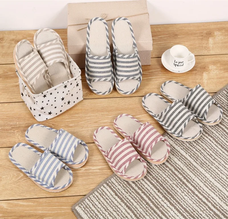 

Run the Amount of Four Seasons Home Soft Stripes Linen Slippers Men's Cotton Linen Home Sandals Women's