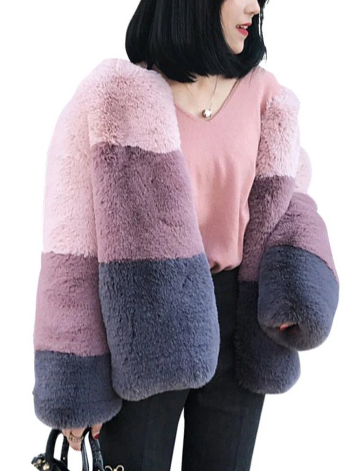 

Fur Coat Women Winter Jacket Fashion Imitation Rabbit Faux Fur Color Stitching Long Sleeves Warm Coat All-match Female Jacket x