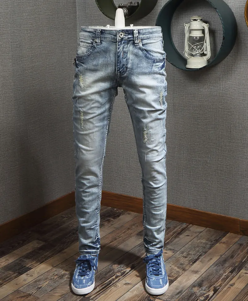 Mens Jeans Dropshipping Wholesaler Fenyu Sells Mens Jeans Brand Style 21 Men Light Blue Destroy Ripped Embroidery Vintage Designer Slim Elastic Baggy Pants Dhgate Com