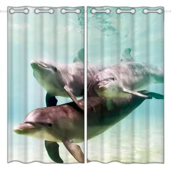 

HommomH 24 x 36 inch curtain (2 panel) grommets top darken blackout blackout curtain dolphins blue