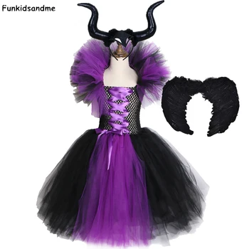 

Maleficent Tutu Dress with Horns Wing Evil Queen Girls Fancy Dress Carnival Party Gowns for Kids Halloween Cosplay Witch Costume