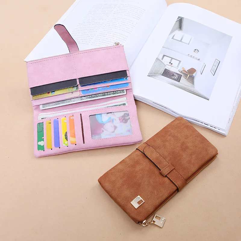

Leather Zipper Long Women Wallet Solid Drawstring Nubuck Phone Bag Luxury Brand Wallets Designer Purse Holder Clutch Carteira