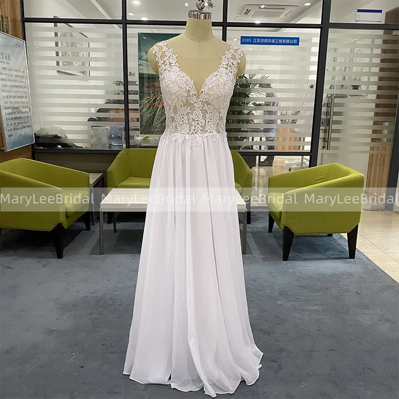 100% Real Photo Summer Chiffon Wedding Dress Boho Transparent Buttons Back Nude Tulle White Applique Bridal robe de mariee | Свадьбы и