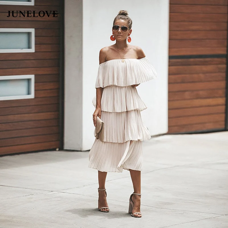 JuneLove Boho Loose Cake Summer Women Dress 2020 Elegant Beach Off Shoulder Holiday Sexy Ruffle Strapless Midi | Женская одежда
