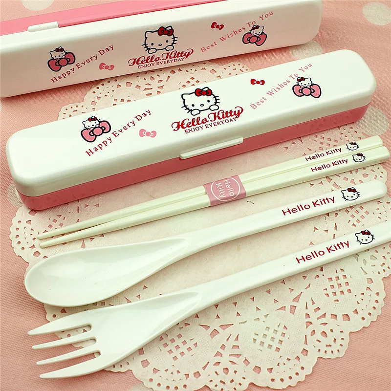 Kawaii Cute Cat Stainless Steel Dinnerware Kitchen Supplies Chopsticks Utensil Flatware Spoon Fork For Kids Children 3PCS/Set 1p
