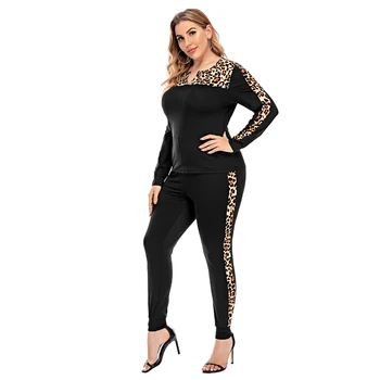 

Plus Size Leopard Printed Women Tracksuit Clothes Set Fitness 2 Pieces Long Sleeve Lady Clothes Outfits Set Tops+Pants 5XL D30