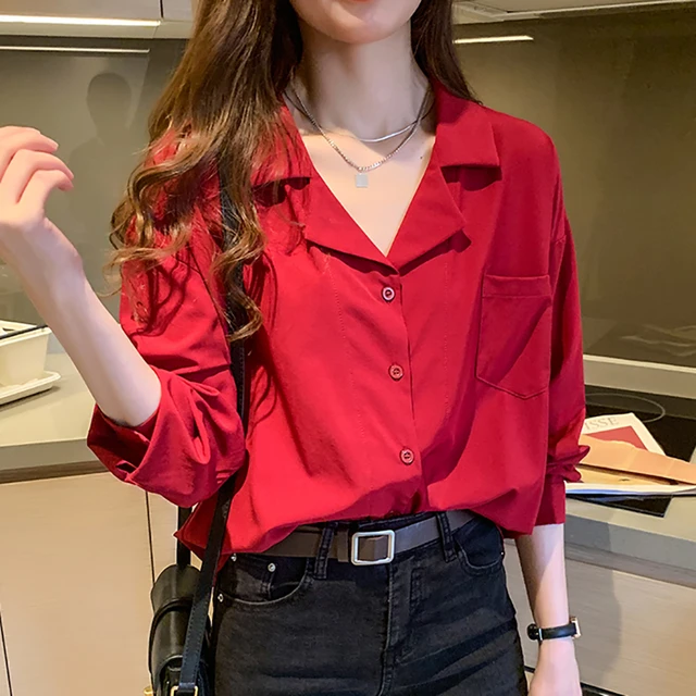 Blusa roja de gasa con muescas para mujer, Formal de manga larga con botones para mujer, Tops de otoño, ropa con bolsillos, 2020 -