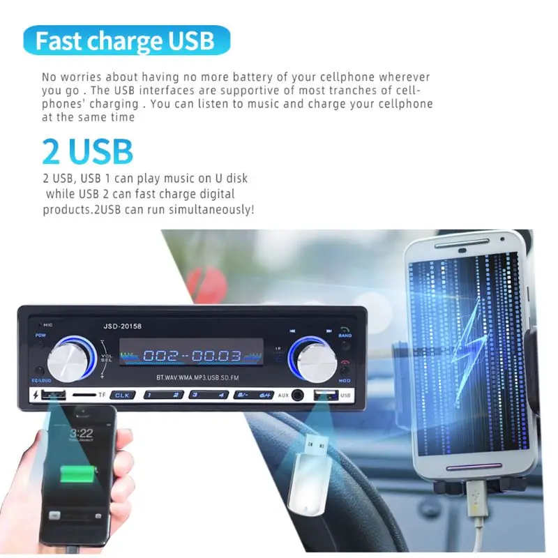 Автомобильное радио USB Bluetooth V2.0 Авто Радио JSD 20158 стерео аудио в тире