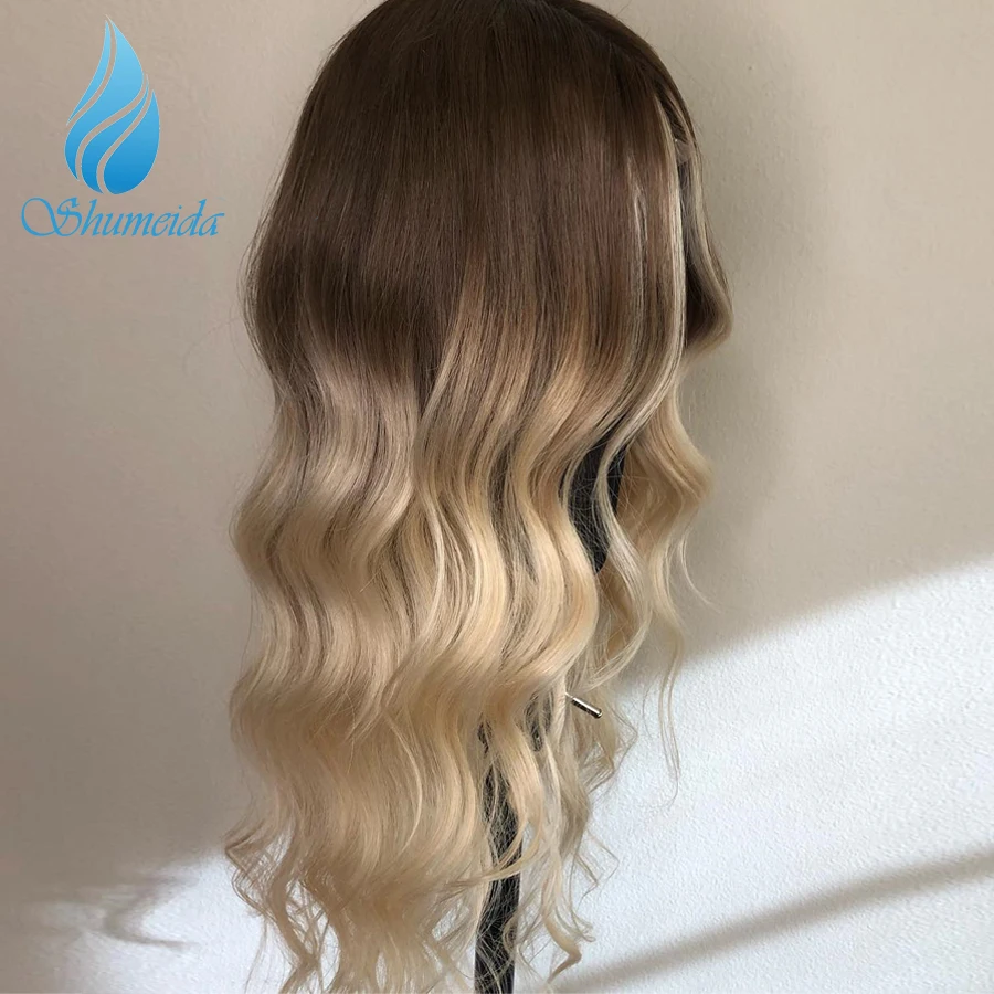 Online 13*6 pelucas de pelo humano frontales de encaje Rubio de Ombre peluca brasileña de onda del cuerpo Remy Pre desplumada pelucas para las mujeres negras