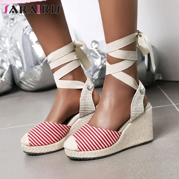

SARAIRIS Classic Female Platform Round Toe Striped Ankle Strap High Wedges Sandals Casual Sandals Women Summer Shoes Woman