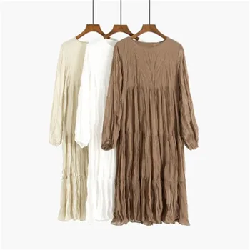 

Pleated Chiffon Dress For Women Thin Cake Knee-length Dress Female Spring Long Sleeve Round Neck Women Clothes Plus Size RM50066