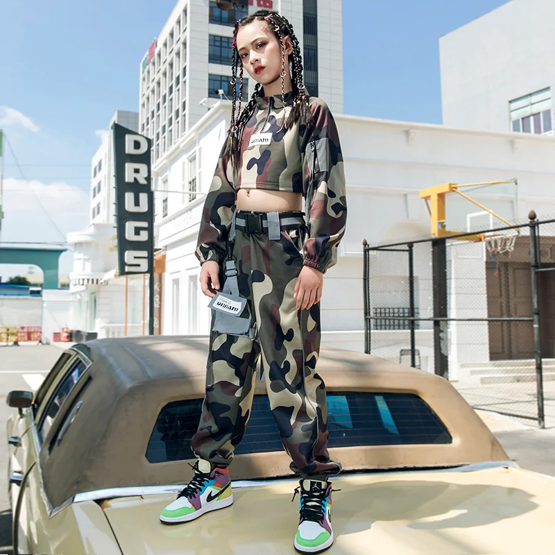 Kids Hip Hop Dance Costume Girls Camouflage Tops Pants Autumn Long Sleeves Set Modern Hiphop Outfits Stage Show Rave Wear BL4970