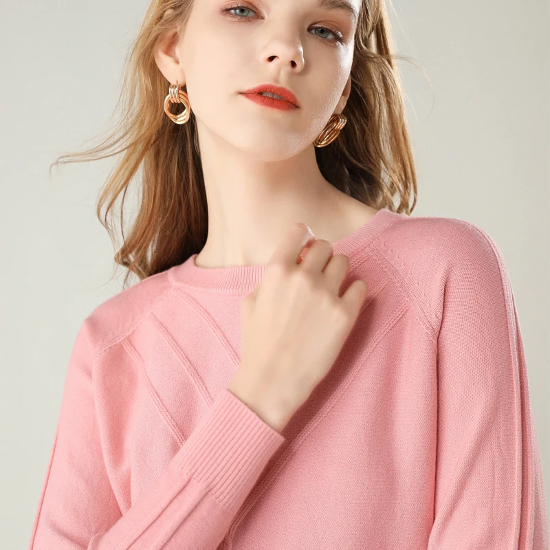 Зимний женский свитер с круглым вырезом, Осенний вязаный пуловер, повседневный топ с длинными рукавами, блузка, стрейчевый джемпер - Цвет: Розовый