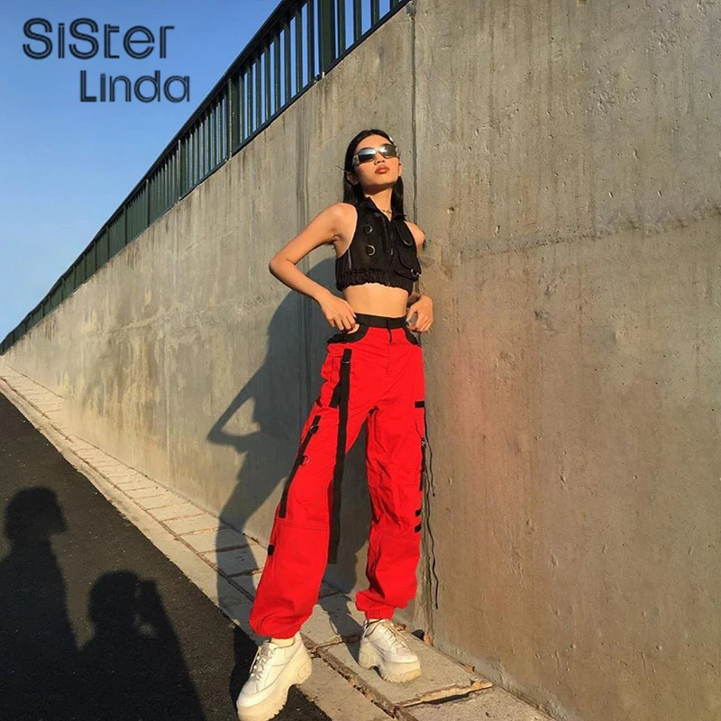 Sisterlinda Harajuku брюки с высокой талией яркие однотонные брюки женские уличные брюки-карго женские свободные брюки для бега Mujer