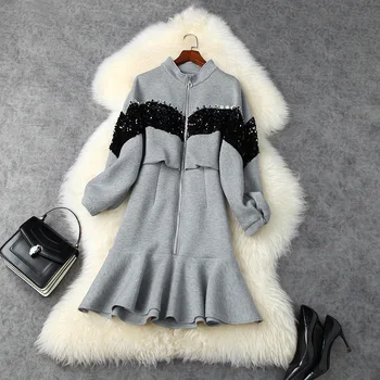 

European and American women's wear 2020 winter new style Long-sleeved stand-up collar sequined space cotton dress