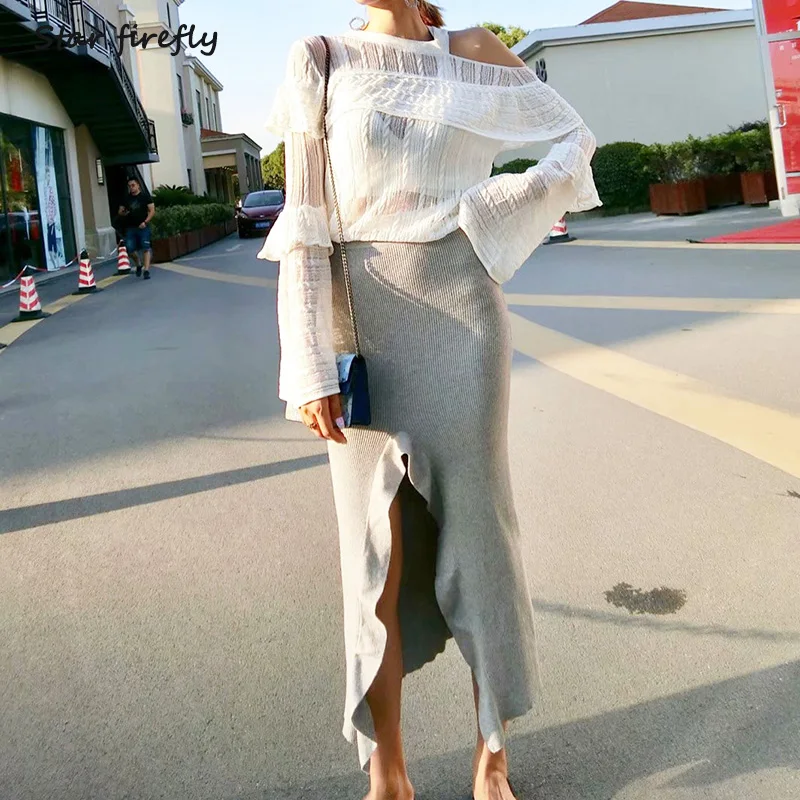 Звездный Светлячок, дикая трикотажная юбка с неровными разрезами, гофрированная Женская юбка, Повседневная тонкая однотонная сексуальная юбка с высокой талией для женщин