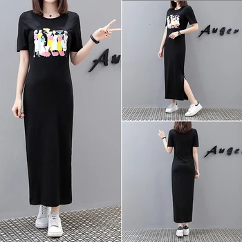 

2019 Spring Summer Large Size Print Dresses Casual Plus Long Slim Women Dresses Fashion Short Sleeve Thin T-shirts Female Dress
