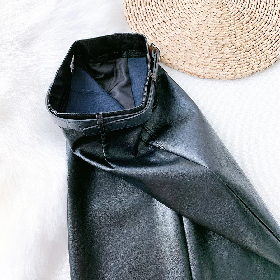 Autumn Black Faux Leather Midi Pencil Skirts with Belt Front Split Retro Slim Temperament Knee Length OL PU Leather Skirts