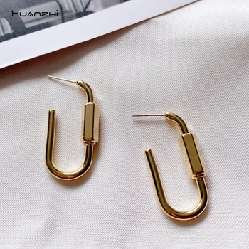 

HUANZHI 2019 Geometric Irregular Imitation Screw Opening U Shape Punk Simple Lock Long Drop Earrings for Women Girls Jewelry