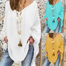 

Plus Size Women Solid Color Long Puff Sleeve V Neck Straps Loose Blouse T-shirt