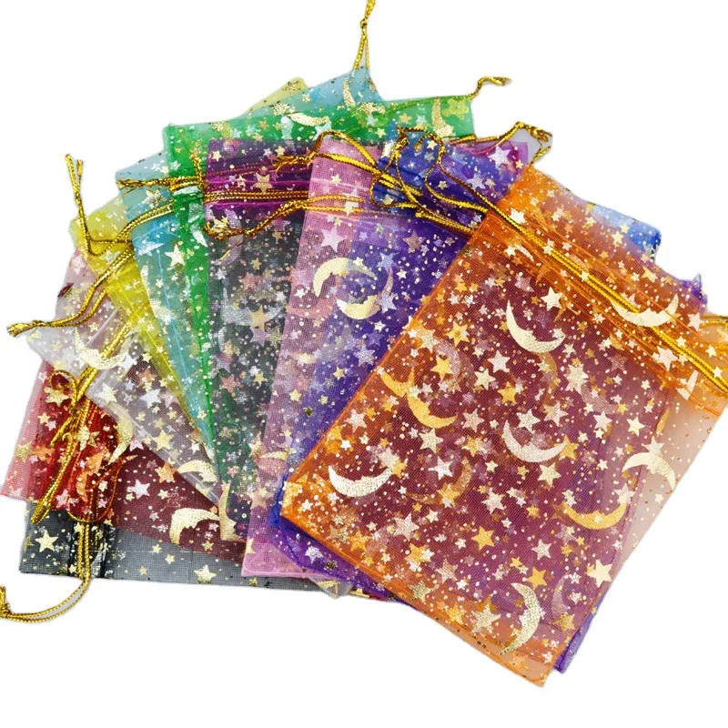 50pcs/lot Drawstring Pouch Bags for Jewelry Organza Pouch Gold Moon Star Transparent Mesh Wedding Gifts Package Wholesale 2